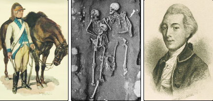 Left: The Dragoons were mounted troops adept at fighting both on horseback on on foot. Baylor’s troops wore regimental colors of blue and white, as seen here. Middle: After nearly 190 years, dragoons are unearthed in 1967. Right: A portrait of Lt. Col. George Baylor, who was just 26 at the time of the massacre that would come to bear his name. He received a bayonet wound to the lung, but survived.