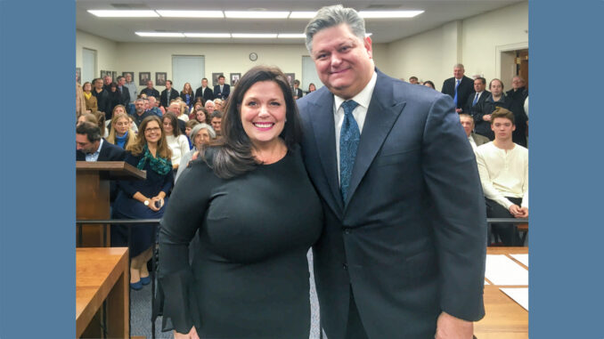 Mayor Danielle DiPaola, sworn in Jan. 2 by Woodcliff Lake Mayor Carlos Rendo, above, has asked that she be judged not on her gender but rather, alongside the council, by her ideas and actions. | John Snyder photo