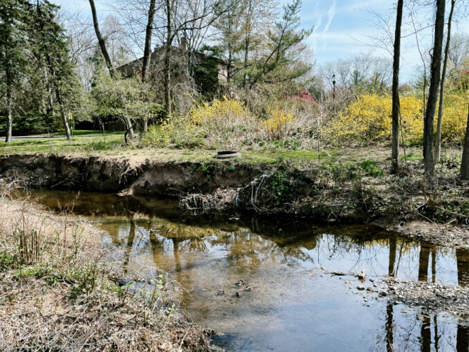 An eroded stream bank in the Township of Washington exposes a utility hole cover that was identified as a critical sanitary issue in Boswell Engineering's "Musquapsink Condition Assessment Report." Michael Olohan photo (2023)