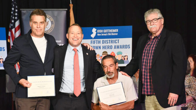 Rep. Josh Gottheimer on July 15, 2024 with Fifth District Hometown Heroes Dan Olivier and Andy Scallo, who built Westwood's second 9/11 memorial, and Westwood Mayor Raymond Arroyo. Zachary Florman photo.