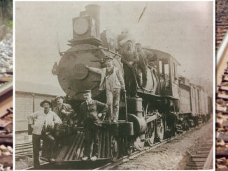 Men of the railroad at Hillsdale. That’s conductor James O'Brien at front right, standing on the cowcatcher.