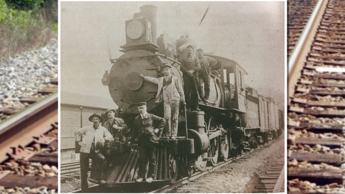 Men of the railroad at Hillsdale. That’s conductor James O'Brien at front right, standing on the cowcatcher.