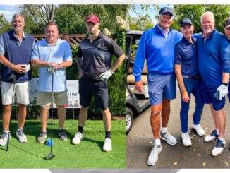 The Blatt foursome—Robert Kraft, Marc Blatt, Tom Lynaugh (Advocate), Steven Gottlieb—and the Ayers foursome—Dr. Stephen Cosgriff, Michael Donohue, Thomas Ayers (Board Treasurer), and George Roy—make their marks at the 2024 Bergen County CASA Golf and Pickleball Classic to Support Foster Children. Courtesy photos.