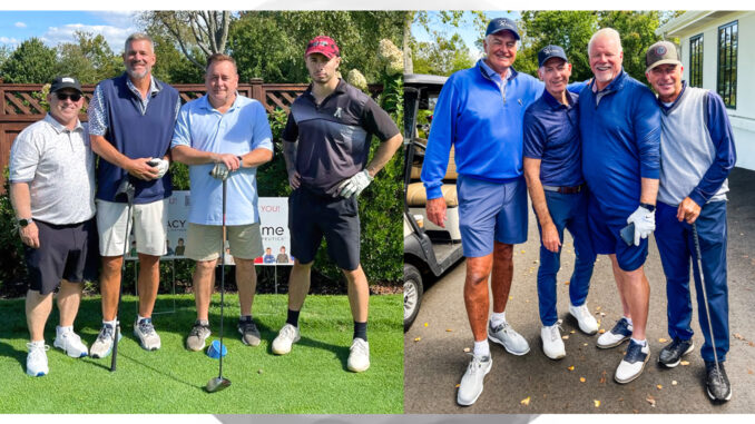 The Blatt foursome—Robert Kraft, Marc Blatt, Tom Lynaugh (Advocate), Steven Gottlieb—and the Ayers foursome—Dr. Stephen Cosgriff, Michael Donohue, Thomas Ayers (Board Treasurer), and George Roy—make their marks at the 2024 Bergen County CASA Golf and Pickleball Classic to Support Foster Children. Courtesy photos.