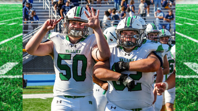 Senior OL/DL Shane Burke (#50) and junior OL/DL Jake Wawra (#62) celebrate Pascack Valley’s 5-1 record after the win over Paramus. Mike Smith photo.