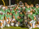 The Pascack Valley Panthers hoist their trophy and celebrate their third consecutive win over the River Dell Golden Hawks in the coveted 2024 Rumble for the Rail. Courtesy Mike Smith/cdmphotovideo