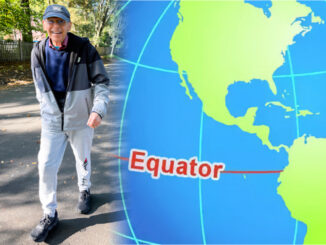 Stanley Nemeroff in Hillsdale, staying with his daughter and her family, by now has run 25,000 miles. The circumference of the Earth at the equator is 24,901 miles. (Pole to pole is quicker, at 24,860 miles.) Robin Nemeroff photo, Pascack Press illustration.