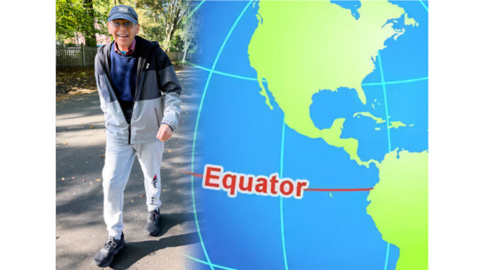 Stanley Nemeroff in Hillsdale, staying with his daughter and her family, by now has run 25,000 miles. The circumference of the Earth at the equator is 24,901 miles. (Pole to pole is quicker, at 24,860 miles.) Robin Nemeroff photo, Pascack Press illustration.