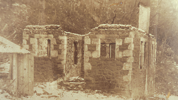 .The old schoolhouse after a fire in November 1908.