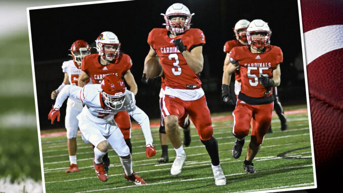 Cardinals running back #3, Steven Klein, sprints down the sideline on a 57-yard touchdown run, putting the team up 7-0. Paul R. Sullivan — paulsullivan4photography.com