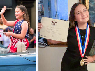 Left: As the 2024 Poppy Girl for VFW Post 2648, Hillsdale’s Giza Miller-Pringle raised funds by distributing poppies and rode in the Veterans Day Parade in Bayonne alongside a former Disabled American Veterans commander. Right: Giza proudly holds the prestigious President’s Volunteer Service Medal, awarded for completing over 100 hours of volunteer work, earning gold-level recognition. Courtesy photos.