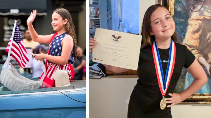 Left: As the 2024 Poppy Girl for VFW Post 2648, Hillsdale’s Giza Miller-Pringle raised funds by distributing poppies and rode in the Veterans Day Parade in Bayonne alongside a former Disabled American Veterans commander. Right: Giza proudly holds the prestigious President’s Volunteer Service Medal, awarded for completing over 100 hours of volunteer work, earning gold-level recognition. Courtesy photos.