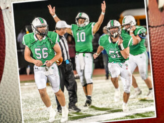 Senior C Vincent Simone (#56) and Senior OL/LB Dante Ricardi (#51) run to celebrate the big win over NVOT as Junior QB Adam Shaw (#10) signals victory. Mike Smith photo.