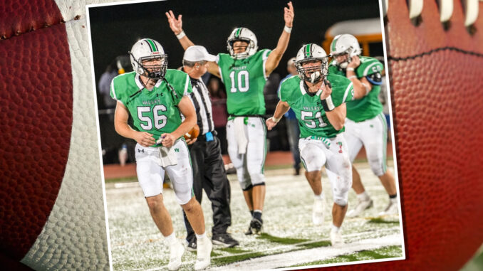 Senior C Vincent Simone (#56) and Senior OL/LB Dante Ricardi (#51) run to celebrate the big win over NVOT as Junior QB Adam Shaw (#10) signals victory. Mike Smith photo.