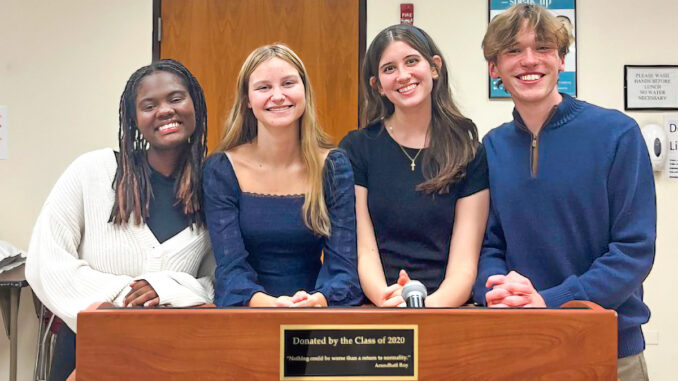 With the help of new leadership, Pascack Hills High School revives its International Thespian Society. Above, its new officers: Sindie Agenor, Caitlin Buckley, Rily Alexander, and Michael Dugan. Via Stephanie Buckley.