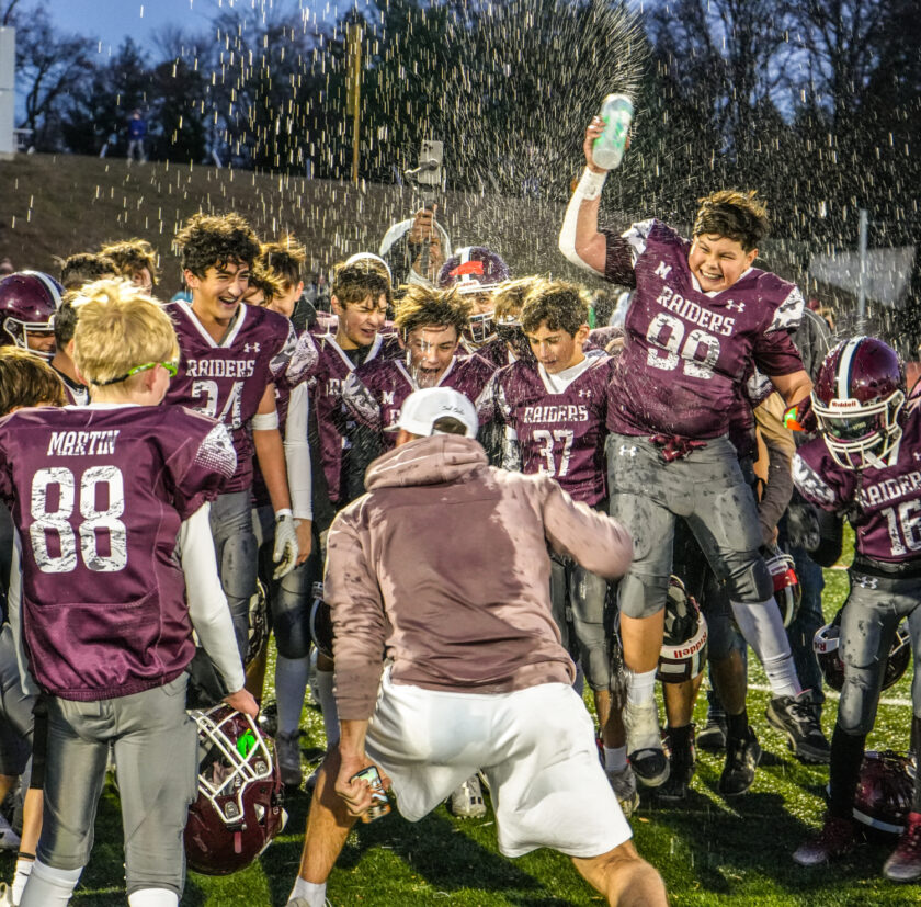 RV Head Coach Brett Rothenberger is drenched by his players and they celebrate the big Super Bowl win Nov. 23, 2024. Mike Smith photo.