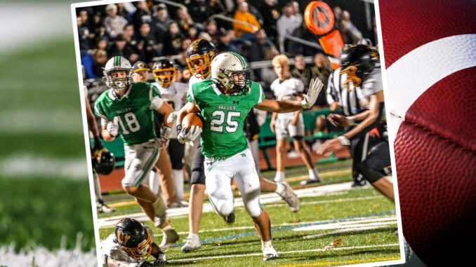 Senior RB Kevin Regula (#25) knocks down one defender after the other as he heads to the end zone during the third quarter against West Milford on Nov. 1. Mike Smith photo.