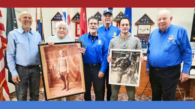 From left to right: SAL 162 Chaplain Keith Katorincek, inductee Frank Maniaci (holding a photo of his father), Commander John Hering, Vice Commander Dennis Cesa, inductee Nick Camerato (holding a photo of his grandfather), and Sergeant-at-Arms Bob Karlson at the induction ceremony at The American Legion post in Hillsdale. Zoltán Horváth photo