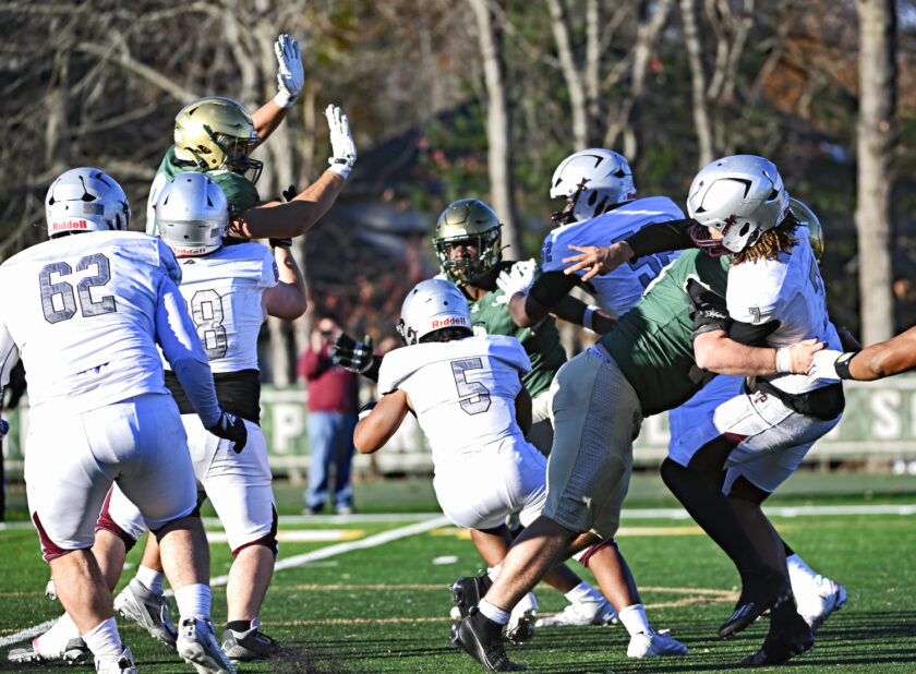 St. Joseph Regional H.S. Green Knights Defense hit St. Peter's Prep QB #7 (Tyler Bell) hard all game, Montvale, NJ. Paul R. Sullivan photo.