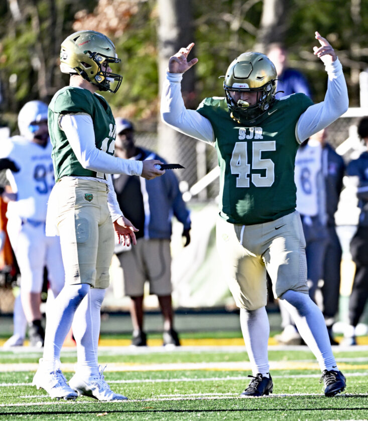 Kicker Salvatore Salafia (#45) celebrates his 39-yard field goal, widening St. Joseph Regional’s lead to 20-0. Paul R. Sullivan photo