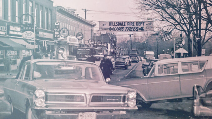 Hillsdale traffic mishap amid holiday shopping, south on Broadway from the area of Park Street, early 1960s…