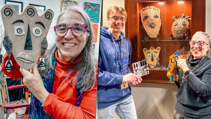 Suzi Gerace showcases her clay mask adorned with laser-cut plastic earrings, created using the Hillsdale Library’s resources, alongside Hillsdale Free Public Library Director David Franz at the January mixed media art exhibit featuring four local artists at the Hillsdale Free Public Library.