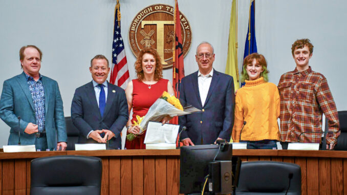 U.S. Congressman Josh Gottheimer (NJ-05), joined by Tenafly Mayor Mark Zinna, officiated a ceremonial swearing-in for Councilwoman and fellow Democrat Dr. Julie O’Connor at Borough Hall on Jan. 5. Photo via Josh Gottheimer’s office.