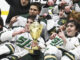 St. Joseph Regional H.S. Green Knights hockey team take their due as Bergen County hockey champs, Jan. 22 in Wayne. Detail of photo by Paul R. Sullivan.