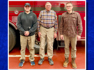 Hail to the (ex)-chief! WLFD Chief Rob Kuehlke and ex-captain Jim Kuehlke, Herb’s sons, presented the honor, underscoring the Kuehlke family’s deep ties to the department. Pictured together, the three men embody a legacy of service that spans generations. Courtesy photo.