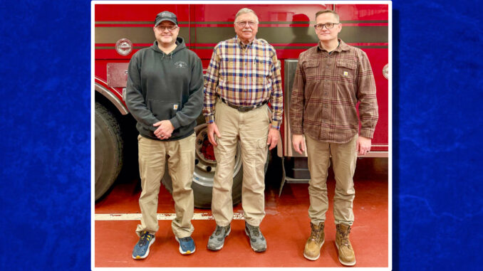 Hail to the (ex)-chief! WLFD Chief Rob Kuehlke and ex-captain Jim Kuehlke, Herb’s sons, presented the honor, underscoring the Kuehlke family’s deep ties to the department. Pictured together, the three men embody a legacy of service that spans generations. Courtesy photo.