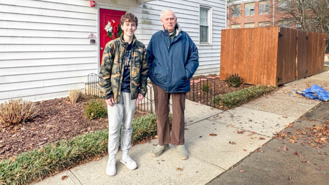 Ciaran Henry with William Ferara, warden of Holy Trinity, at the Eagle Project work site. Courtesy photo.