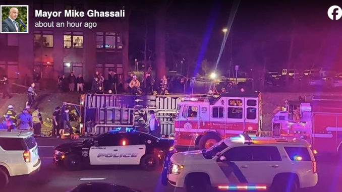 A bus carrying passengers from Lakewood to New Square, N.Y. overturned on the Garden State Parkway near Exit 172 on Sunday night. Photo via Montvale Mayor Michael Ghassali's Facebook.