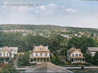 Farmland was giving way to front yards in the Pascack Valley at the turn of the 20th century. Park Ridge was described as a commuter’s paradise when this view was captured around 1905 from the top of the Mittag & Volger typewriter ribbon factory. These houses still stand on South Maple Avenue, although then it was called Elizabeth Street.