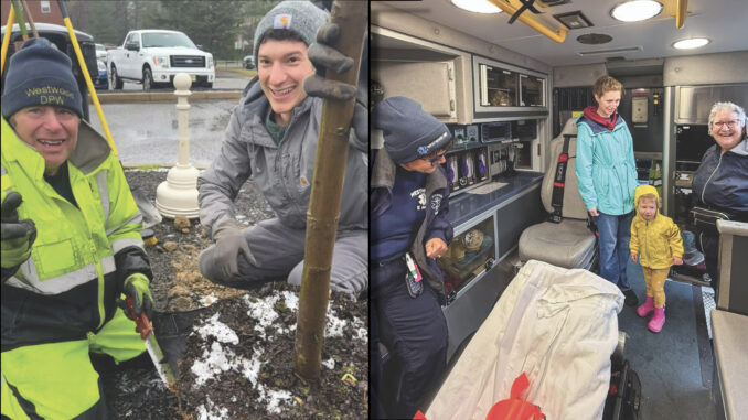 WW Shade Tree–WVAC Westwood DPW liaison Michael Murtaugh and Shade Tree chair Dan Zambrano oversee the planting April 12; in the rig: Sonali Goel (WVAC), Jenna Kronenberg and child, and Ava Benscoter. Courtesy photos.