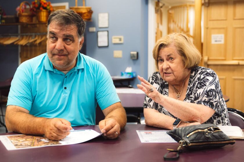 Residents Michael DeSena and Maryann Ozment review materials at the heart of this early phase of redevelopment at the former private town swim and rec club site, some 6.1 acres the town has purchased in part with open space funds. Mayor Peter Calamari convened the informal resident input session for Tuesday, June 25, 2024 at Jack Woods Senior Center in Town Hall. John Snyder/Pascack Press.
