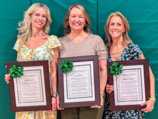 Left to right: Fawn Kennedy of Meadowbrook School, Jenna Santana of Ann Blanche Smith School, and Kathleen “Katie” Eriksson of George White Middle School. The three were recognized as Teacher of the Year during the May 12 school board meeting. Submitted photo.