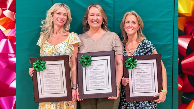 Hillsdale teachers of the year Left to right: Fawn Kennedy of Meadowbrook School, Jenna Santana of Ann Blanche Smith School, and Kathleen “Katie” Eriksson of George White Middle School. The three were recognized as Teacher of the Year during the May 12 school board meeting. Submitted photo.