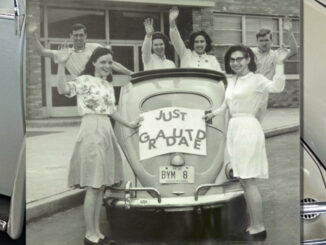 Class of 1965 graduates stage a playful photograph for the 1965 yearbook.