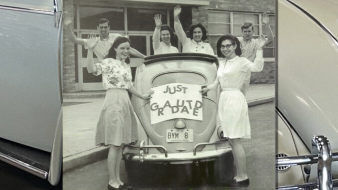 Class of 1965 graduates stage a playful photograph for the 1965 yearbook.