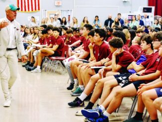 3R's Day keynote speaker Jim Stroker addressing entire student body at Fieldstone Middle School on June 6. Sean Powers photo.