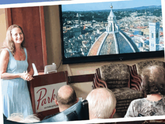 Launched in 2023, Historical Speakers for Seniors delivers live and virtual presentations to independent living, assisted living, and memory care communities, and sees growth in coffee houses and taverns. On the slide: Duomo of the Cathedral of Santa Maria del Fiore in Florence, Italy. It’s the largest masonry dome ever built, says Cynthia Affinito.