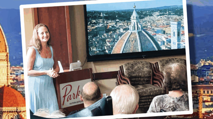 Speakers for Seniors Launched in 2023, Historical Speakers for Seniors delivers live and virtual presentations to independent living, assisted living, and memory care communities, and sees growth in coffee houses and taverns. On the slide: Duomo of the Cathedral of Santa Maria del Fiore in Florence, Italy. It’s the largest masonry dome ever built, says Cynthia Affinito.