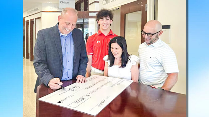 From left: Tom Bisignani, Pascack Valley Medical Center CFO; Lori Schwartz; Jonathan Schwartz; and Jordan Schwartz. The Schwartz family met with PVMC leadership following the hospital’s $30,000 commitment to the Cardinals Cardiac Commitment initiative, which Jordan launched to expand student heart screenings at Westwood Regional High School.