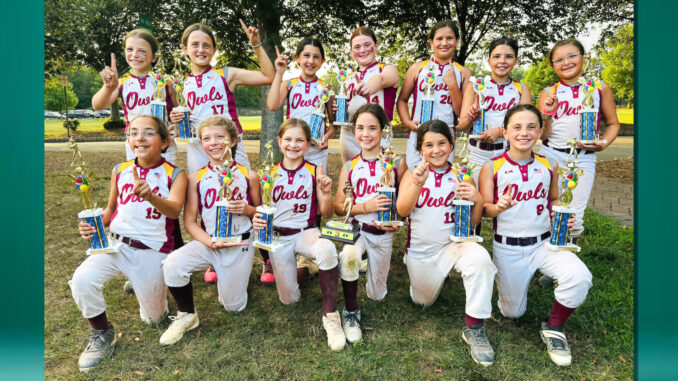 PR Owls in Ramsey Champions, Together: The winning team—Carly Berube, Sydney Lugo, Emily Briscoe, Aria Reilly, Liana Spadaccini, Hailey Gammarati, Sadie Aday, Lila Waters, Olivia Ribando, Lily Casella, Vivienne Olori, Ellie O’Connell, and Melanie Briscoe—celebrates with coaches Curt Briscoe, Jennifer Briscoe, Ralph Lugo, Mike Gammarati, Greg Waters, Tim O’Connell, and Maria Spadaccini.