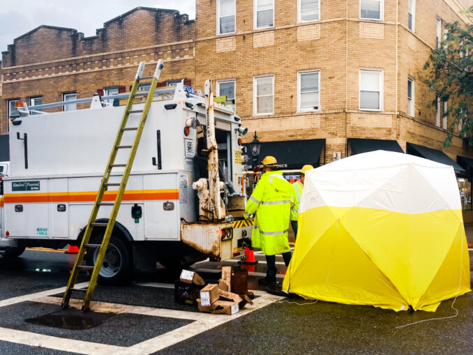 PSE&G utility crews work to replace a transformer and rewire key downtown corridors on July 14, 2025, nearly two weeks after a dramatic underground explosion darkened Westwood’s Central Business District just ahead of the July 4 holiday. The repair blitz, coordinated with borough and county agencies, aimed to restore resilience and minimize future disruption. John Snyder photo.