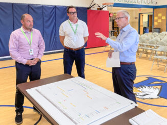 Architect Joseph DiCara of DiCara Rubino Architects outlines the George White construction plan timeline as Hillsdale Superintendent Robert Lombardy (left) and Board Secretary/Administrator Sacha Pouliot look on during the Aug. 25 Board of Education meeting. Photo by Mike Olohan