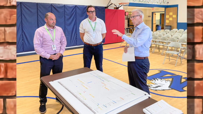 George White school team Architect Joseph DiCara of DiCara Rubino Architects outlines the George White construction plan timeline as Hillsdale Superintendent Robert Lombardy (left) and Board Secretary/Administrator Sacha Pouliot look on during the Aug. 25 Board of Education meeting. Photo by Mike Olohan