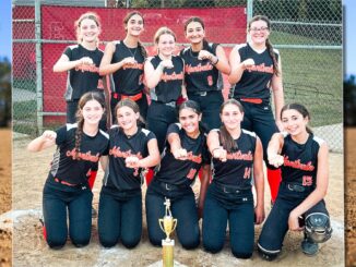 Montvale 14U celebrates their 5–3 victory over Cresskill to win the Kinderkamack Softball League Summer Championship on July 24— the team’s third summer championship together, and their first with championship rings. Front to back, left to right: Riley Butler, Jaelyn Pawlyk, Nina Tuli, Gabby Marino, Penny Ramm, Madison Higgins, Addy Zoelle, Marin Faller, Leah Cigercioglu, and Lynn Ryan. Christine Higgins photo.
