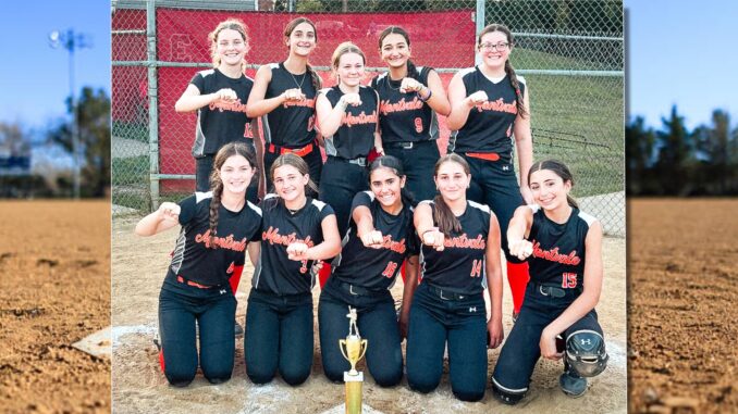 KSL MV 14U champs Montvale 14U celebrates their 5–3 victory over Cresskill to win the Kinderkamack Softball League Summer Championship on July 24— the team’s third summer championship together, and their first with championship rings. Front to back, left to right: Riley Butler, Jaelyn Pawlyk, Nina Tuli, Gabby Marino, Penny Ramm, Madison Higgins, Addy Zoelle, Marin Faller, Leah Cigercioglu, and Lynn Ryan. Christine Higgins photo.