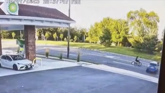 MV ebike-car collision A still from surveillance footage shows a 15-year-old e-bike rider moments before colliding with a car exiting a Montvale gas station on July 18. Montvale Police.